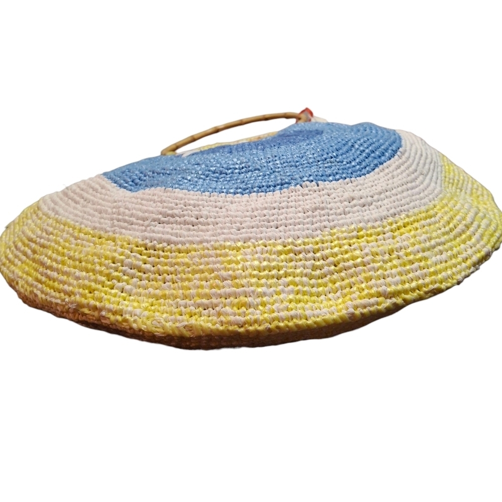 Handmade Round Concentric Circles Plastic Weave Bamboo Handles Large Purse Bag - Picture 7 of 16